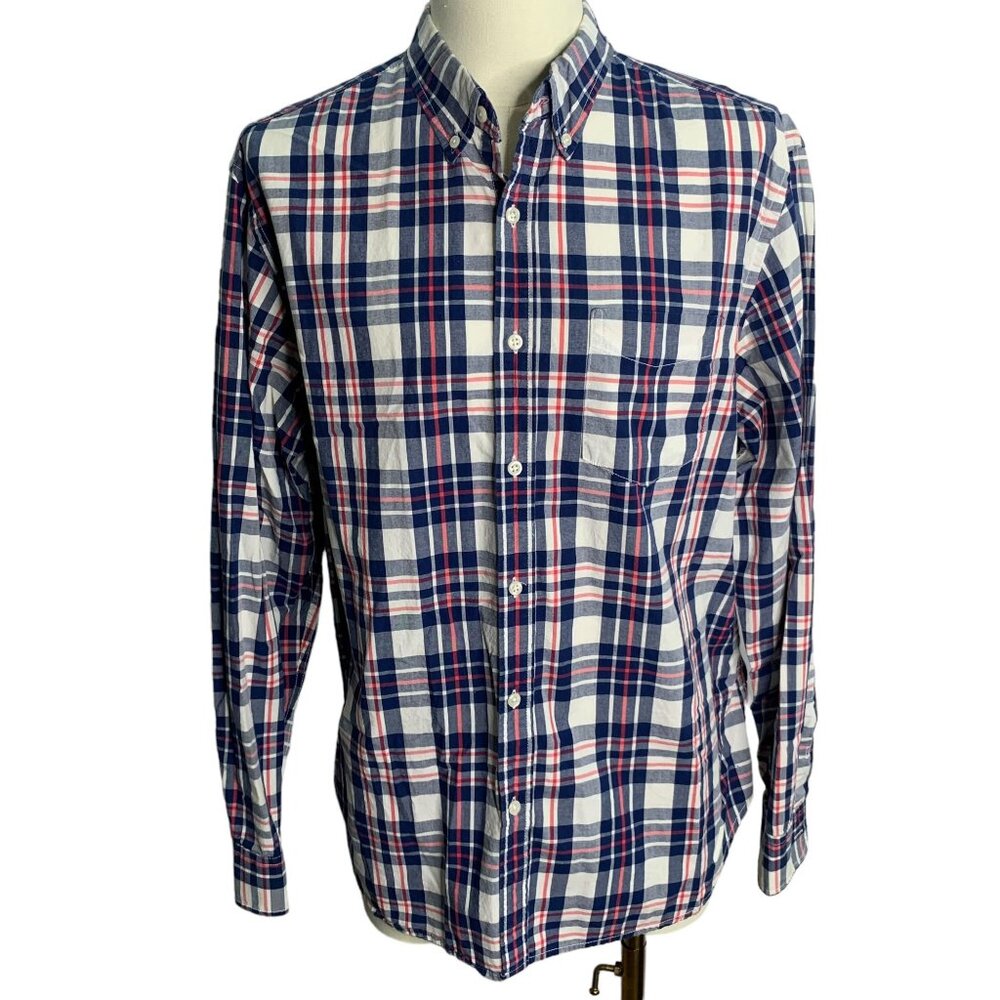 Old Navy Slim Button Down Shirt XL White Blue Plaid Long Sleeve Pocket Cotton